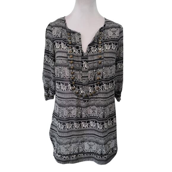 Angie Size L Black White Elephant Print Sheer Blouse with Brass Detail - Picture 1 of 10